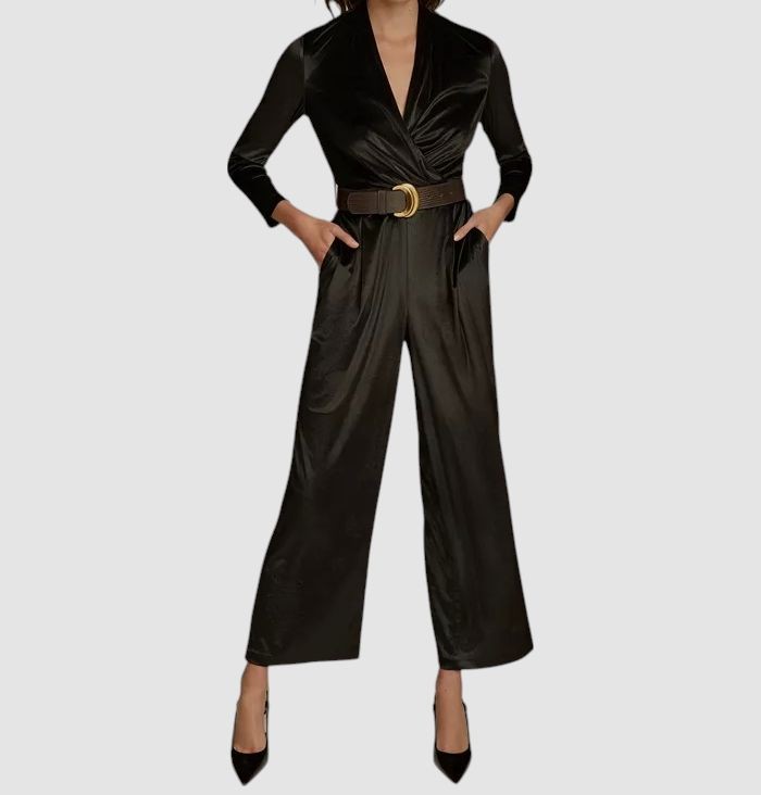 Donna Karan New York Women Black Velvet Wide-Leg Jumpsuit Size 8