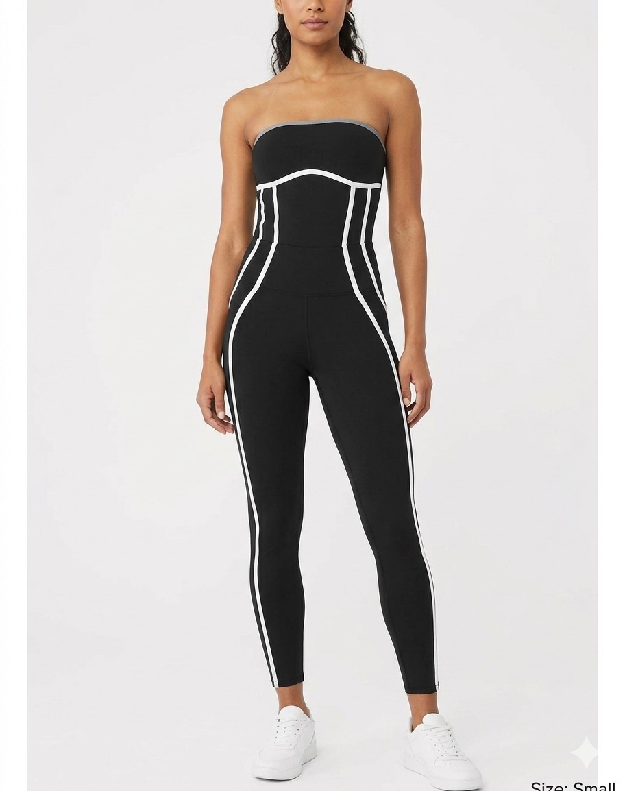 Alo Yoga Strapless Unitard Jumpsuit Black White Piping Size Small Unlabeled