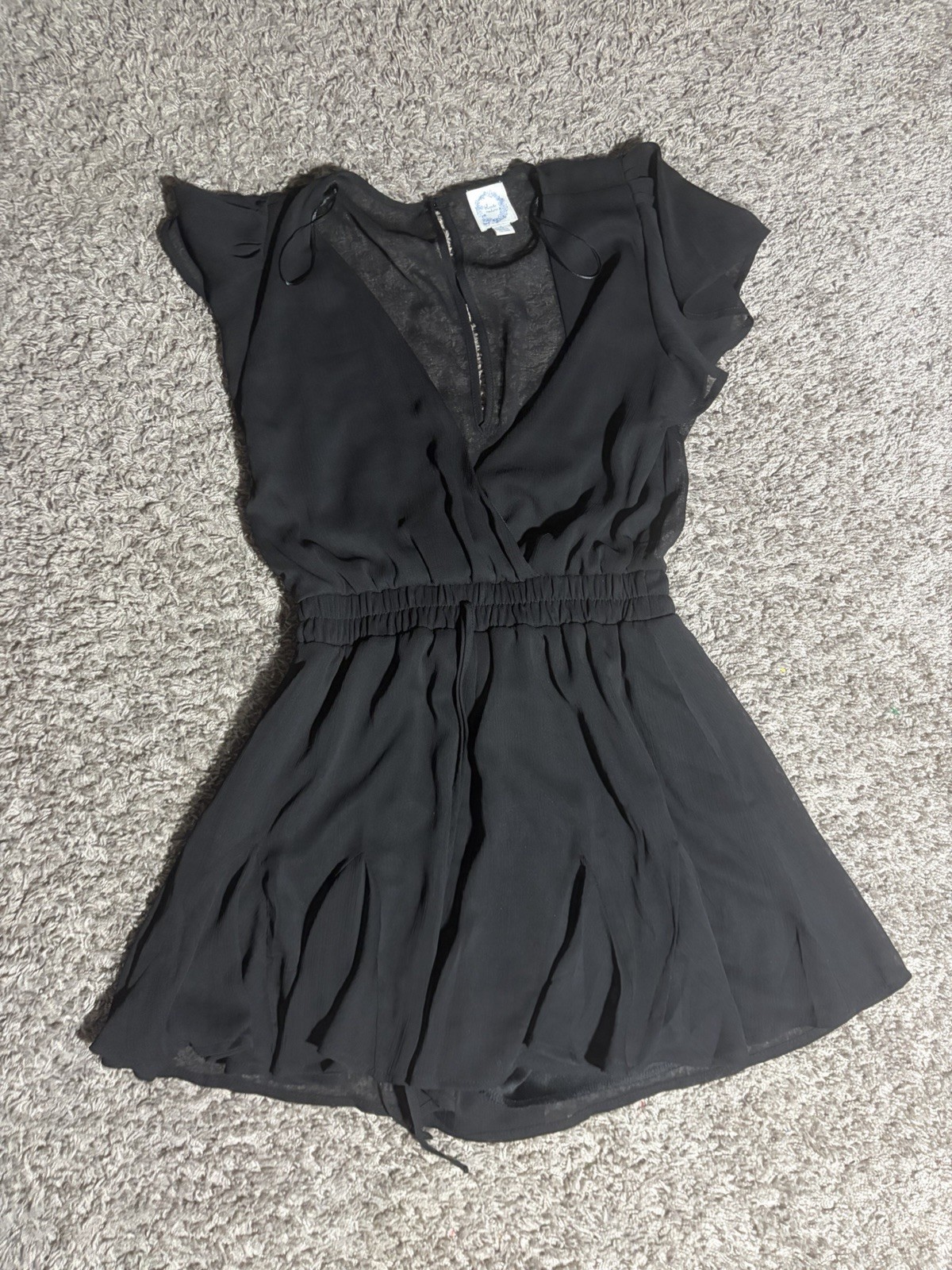 Blue Rain Black Romper Womens Small Sheer Flutter Sleeve Elastic Waist Boho