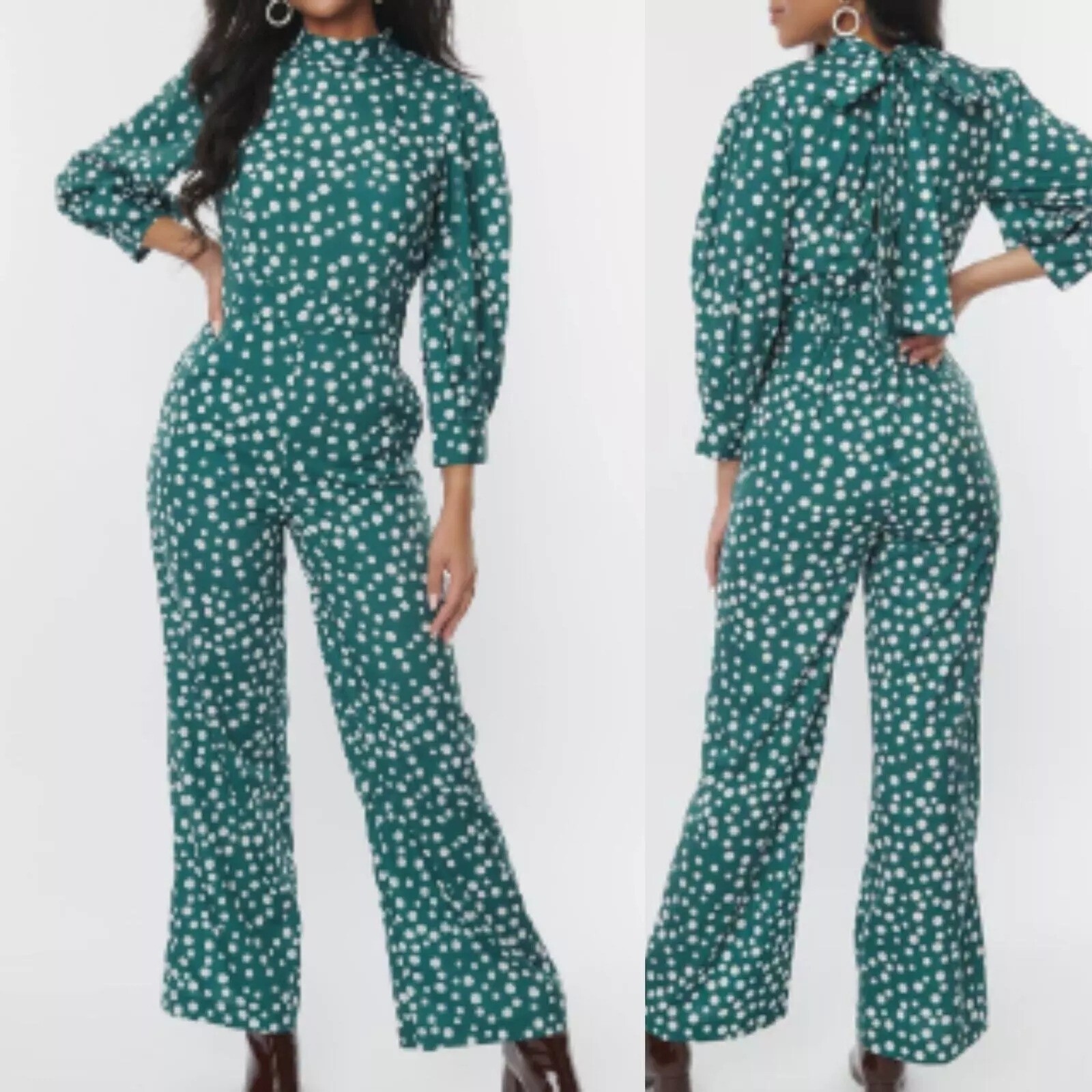 Timeless London Green Polka Dot Long Sleeve Wide Leg Jumpsuit US 16
