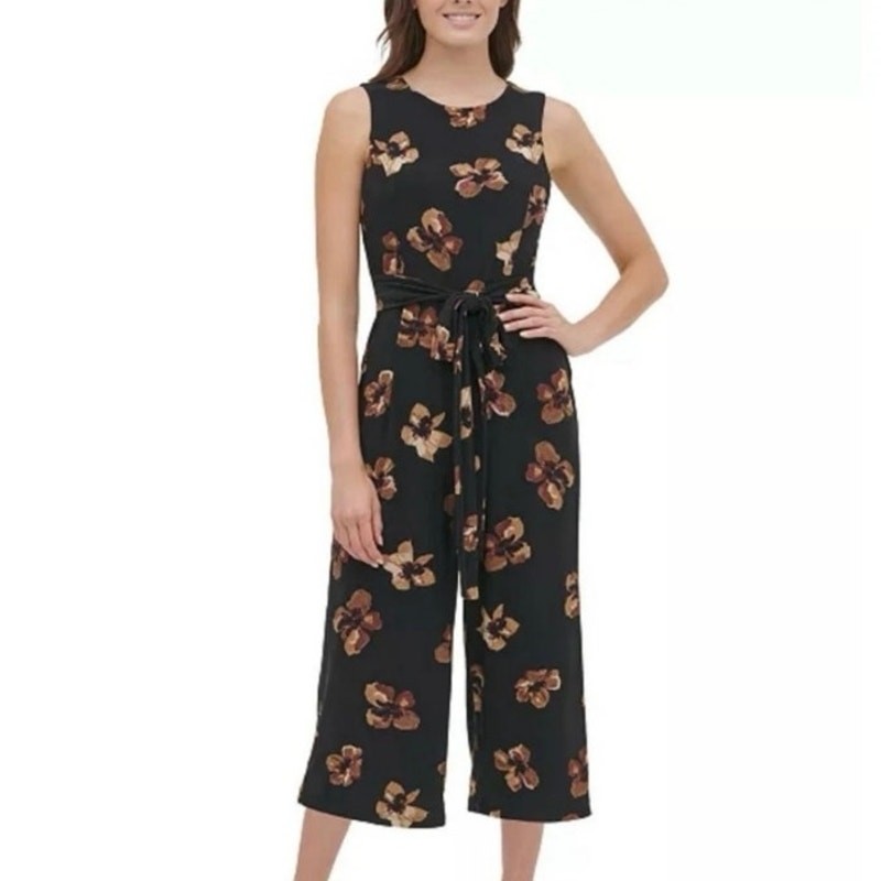 Tommy Hilfiger Black Tan Floral Sleeveless Tie Waist Cropped Jumpsuit Women 8