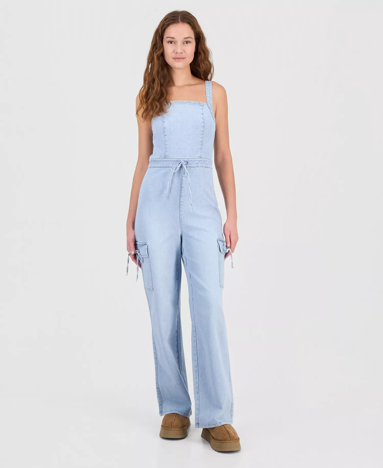 TINSEL TOWN Tie-Waist Denim Wide-Leg Jumpsuit Junior’s S Robin Wash Sleeveless