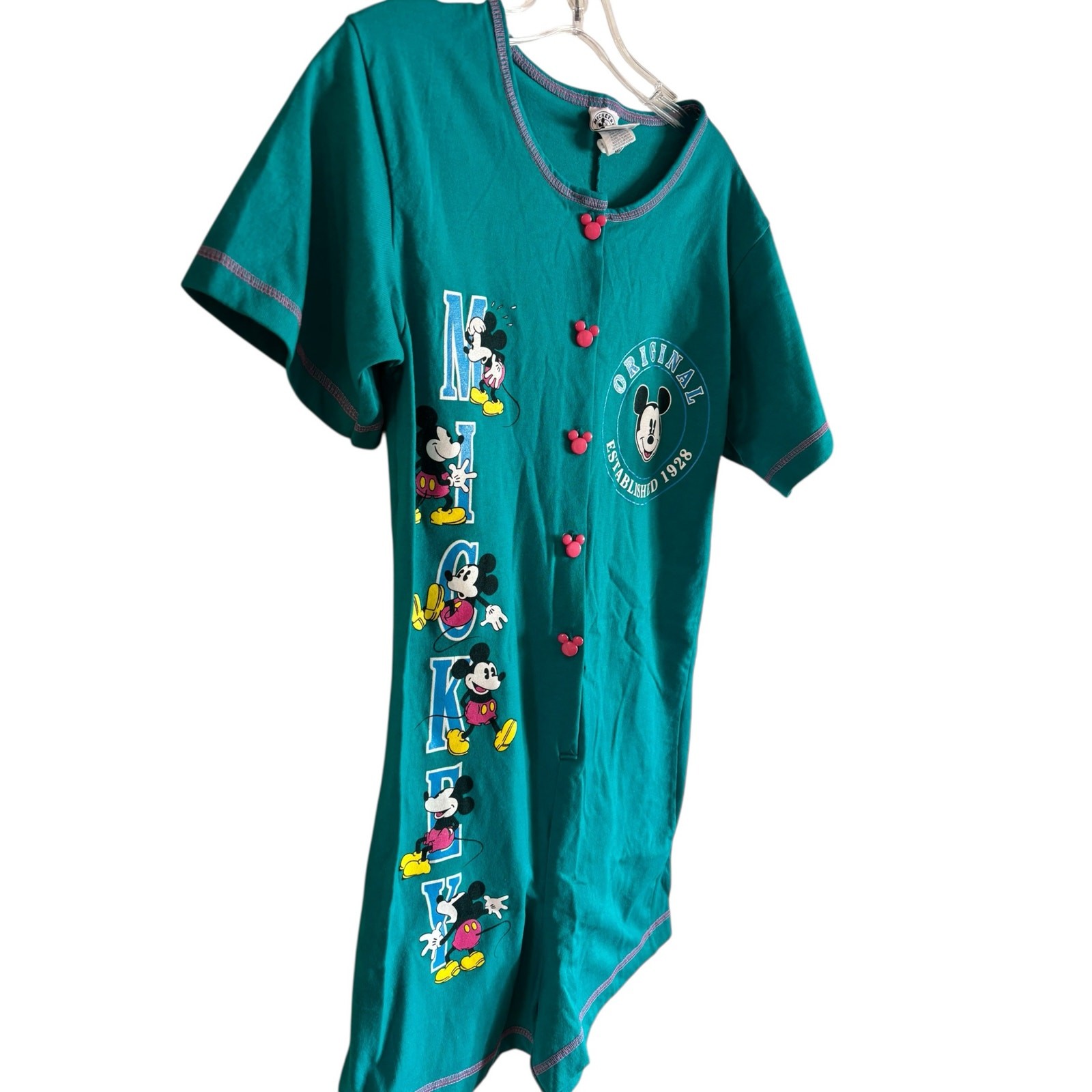 Vintage Disney Mickey One Piece Romper Shorts Teal Mickey Buttons Size M Jumper