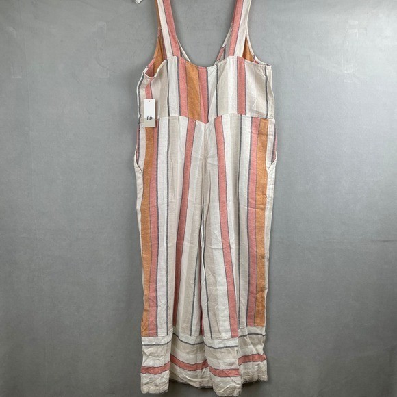 BP. Women Striped Linen Blend Wide Leg Cropped Jumpsuit Coral Mustard Small NEW