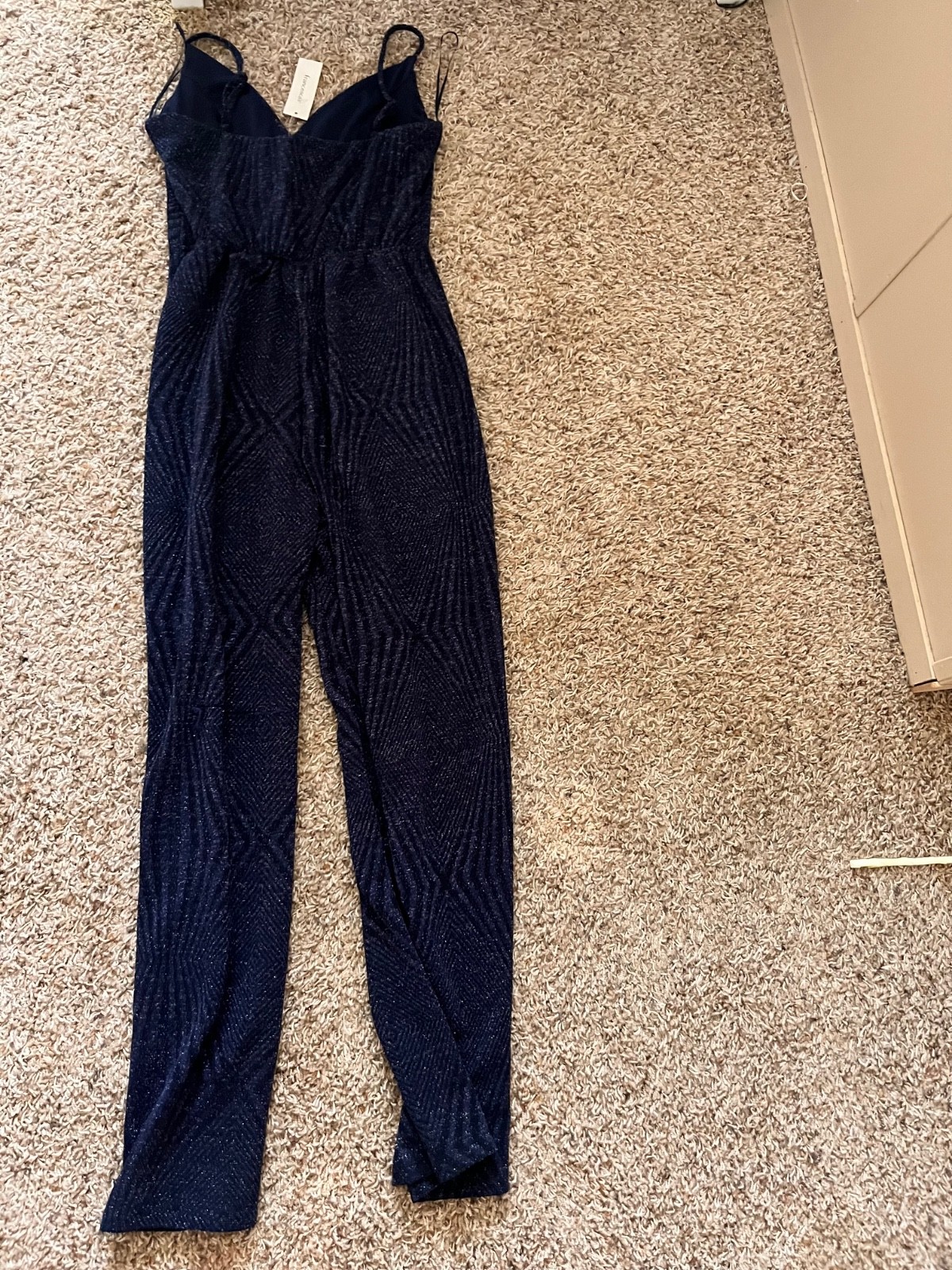 New Francesca’s Navy Blue Glitter Ribbed Wide Leg Jumpsuit Sz S