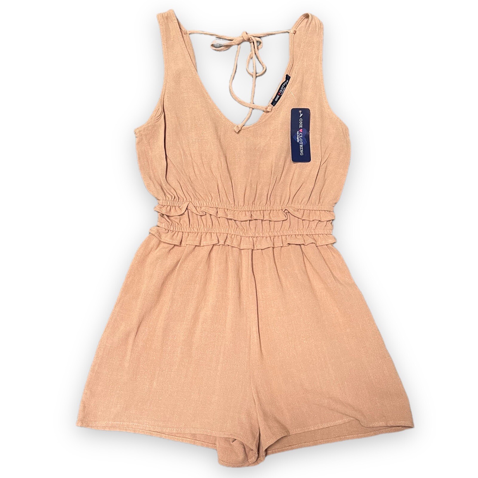 One Clothing Peach Romper Elastic Waist Linen Rayon Tie Back Shorts Size Small
