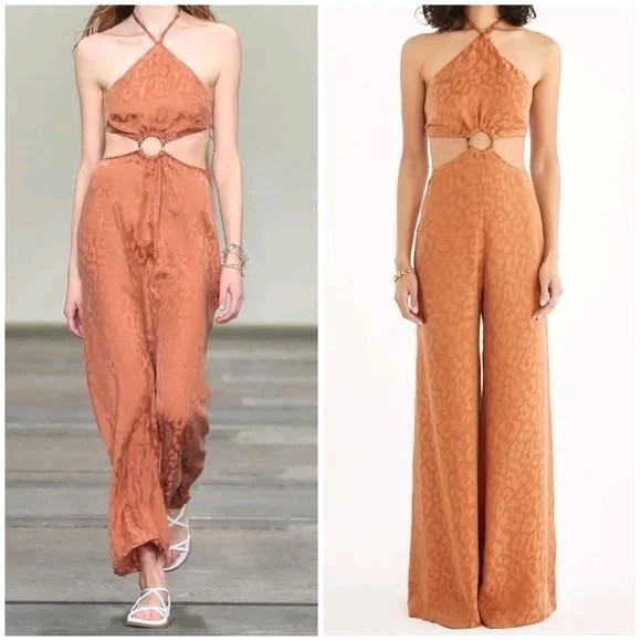 NWT Rumer Revolve Women Satin Cheetah Jumspuit Orange Small $329 Pantsuit