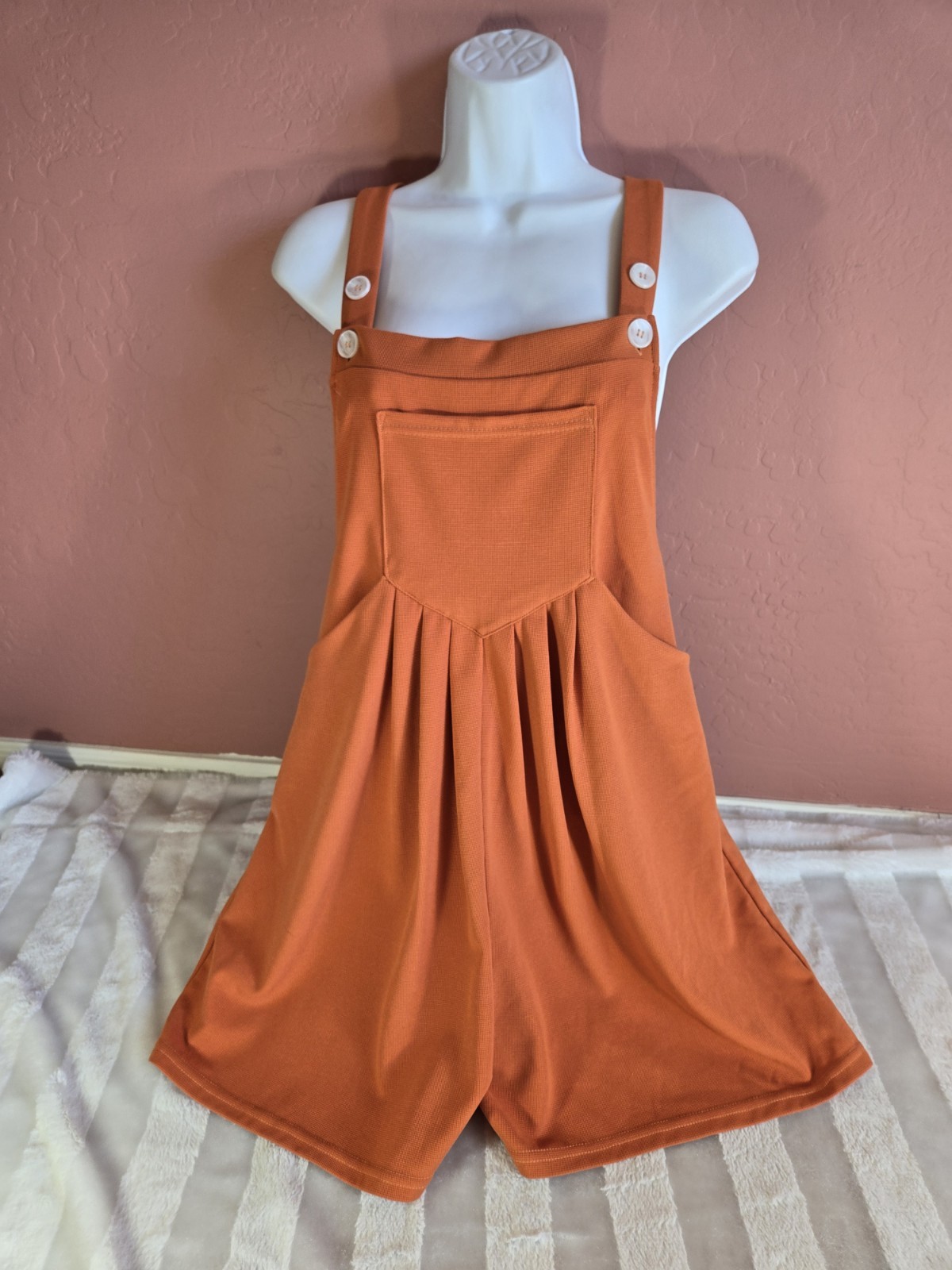 Halara Adjustable Strap Button Pockets Waffle Overall Romper Apricot Orange S