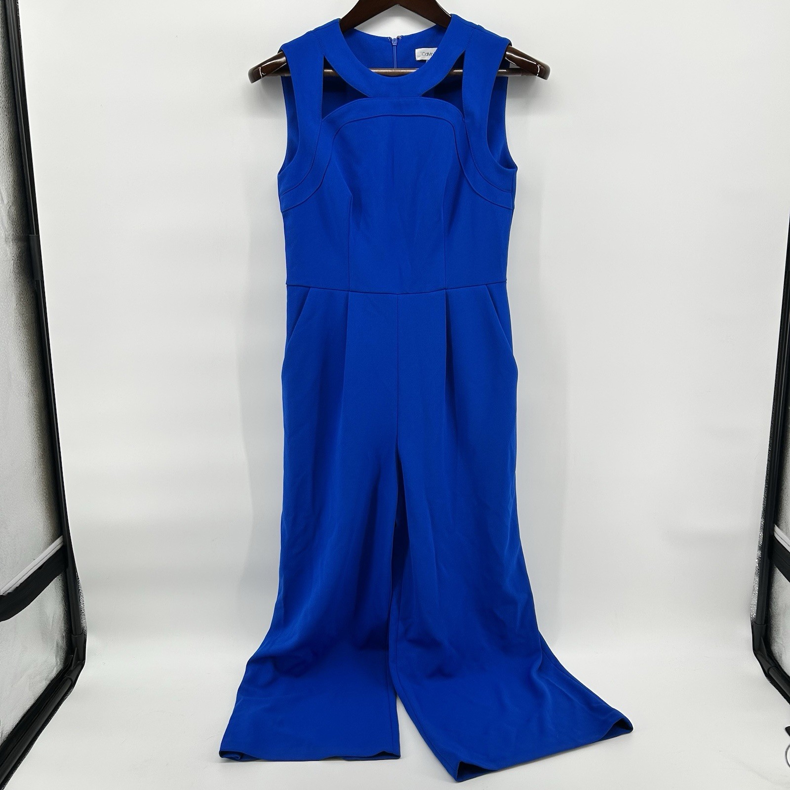 Calvin Klein Womens 6 Royal Blue Wide Leg Jumpsuit Cutout Sleeveless Pockets