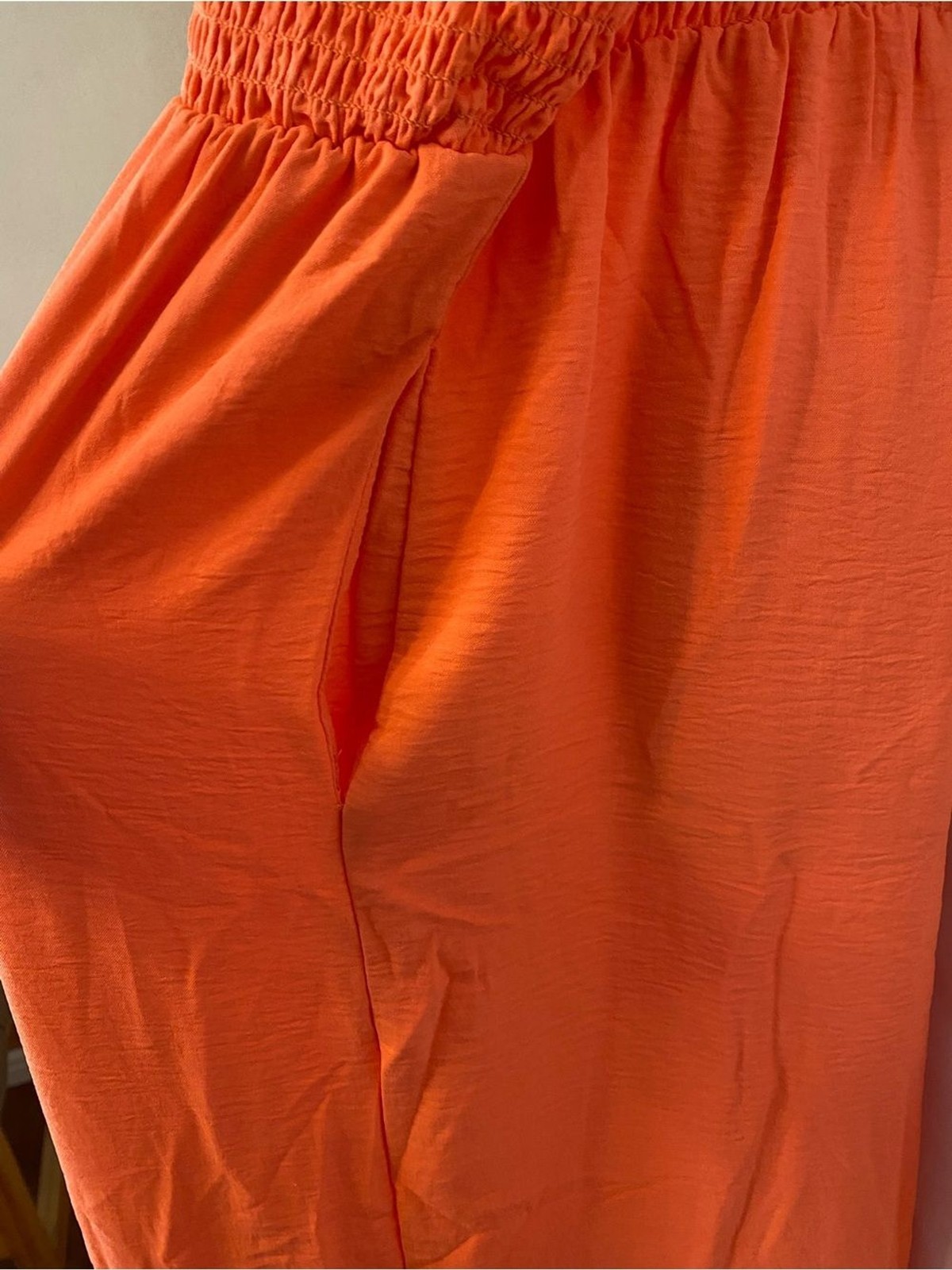 NWOT Amazon Coral Orange Smocked Top Wide Leg Jumpsuit Romper with Side Pockets