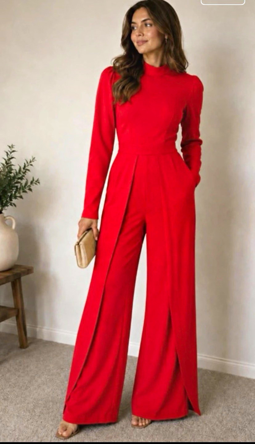 Women’s Red Solid Long Sleeve Wide-Leg One-Piece Jumpsuit Regular 2XL