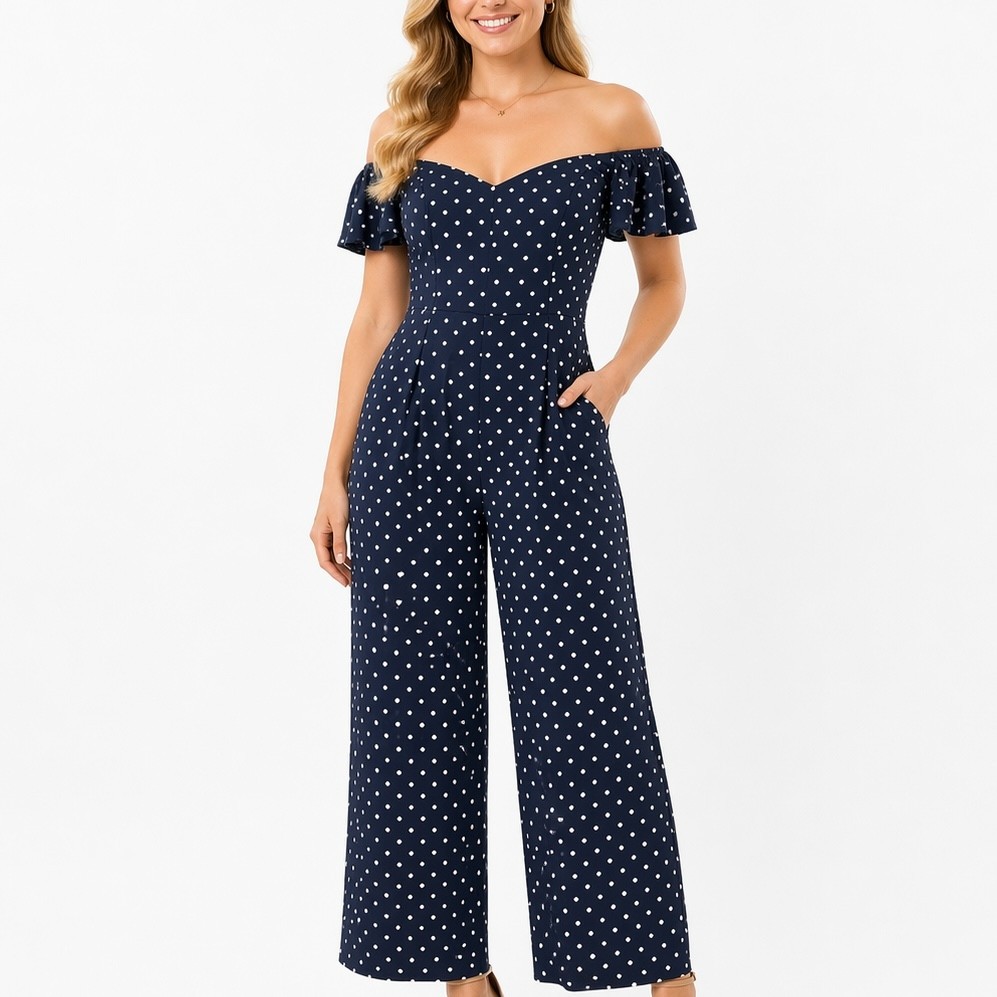 Old Navy XL Navy White Polka Dot Off Shoulder Jumpsuit Pockets Coastal Summer