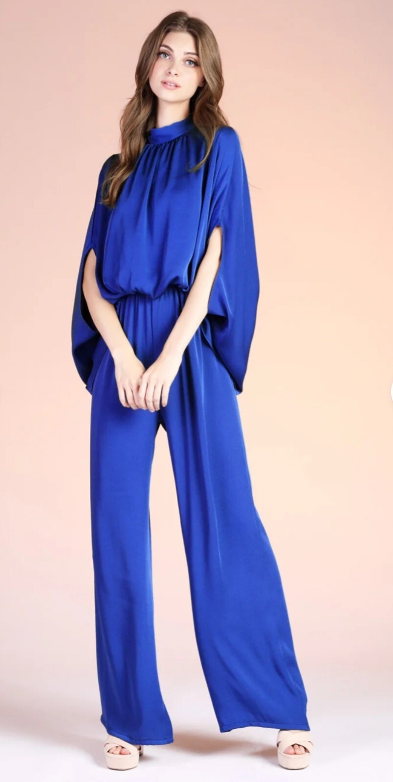NWOT Mock Neck Caftan Jumpsuit Size Large in Blue Orig $72