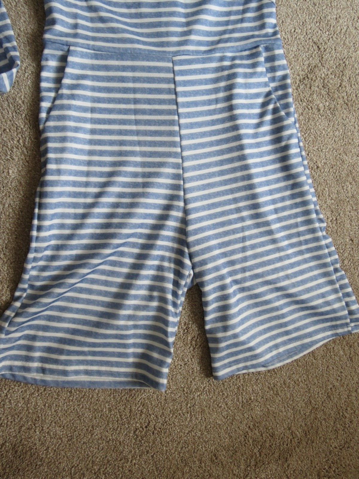 LIGHT BLUE & WHITE STRIPED SHORTS ROMPER WITH TIE BELT – SIZE M