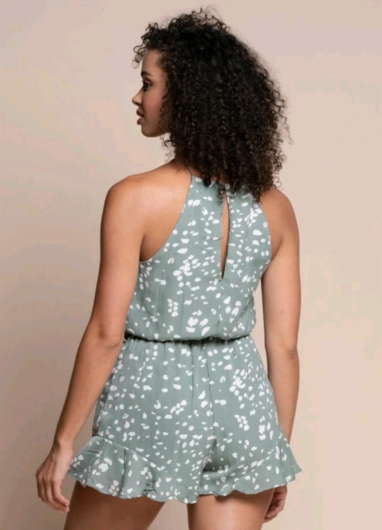 She + Sky Halter Neck Spotted Sage Green & White Romper Large Lined Shorts NWT