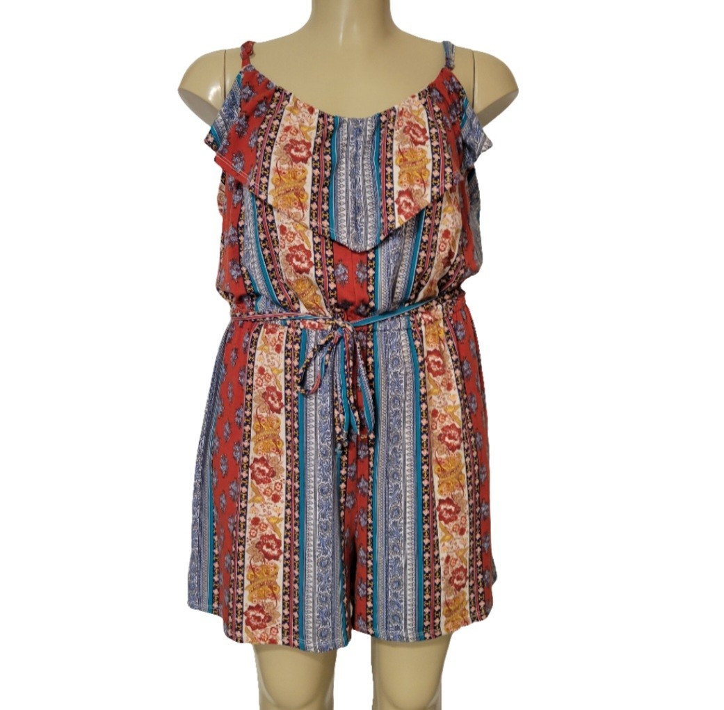 As U Wish Sz 2X Romper Short Elastic Waist Floral Pull On Adjustable Strap –