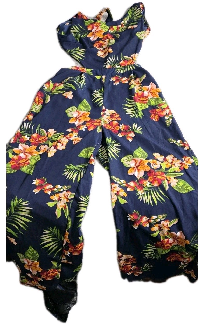 Tropical Print Sleeveless Wide Leg Crop Jumpsuit Size Large Casual Beachwear