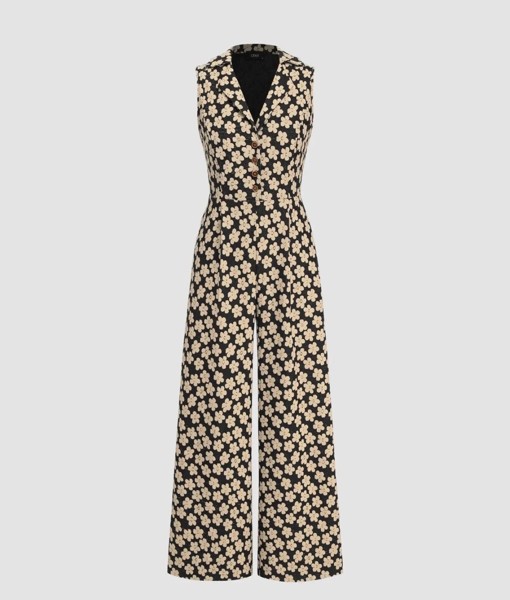 Women’s Cider Floral Wide Leg Jumpsuit Size Medium Black and Beige