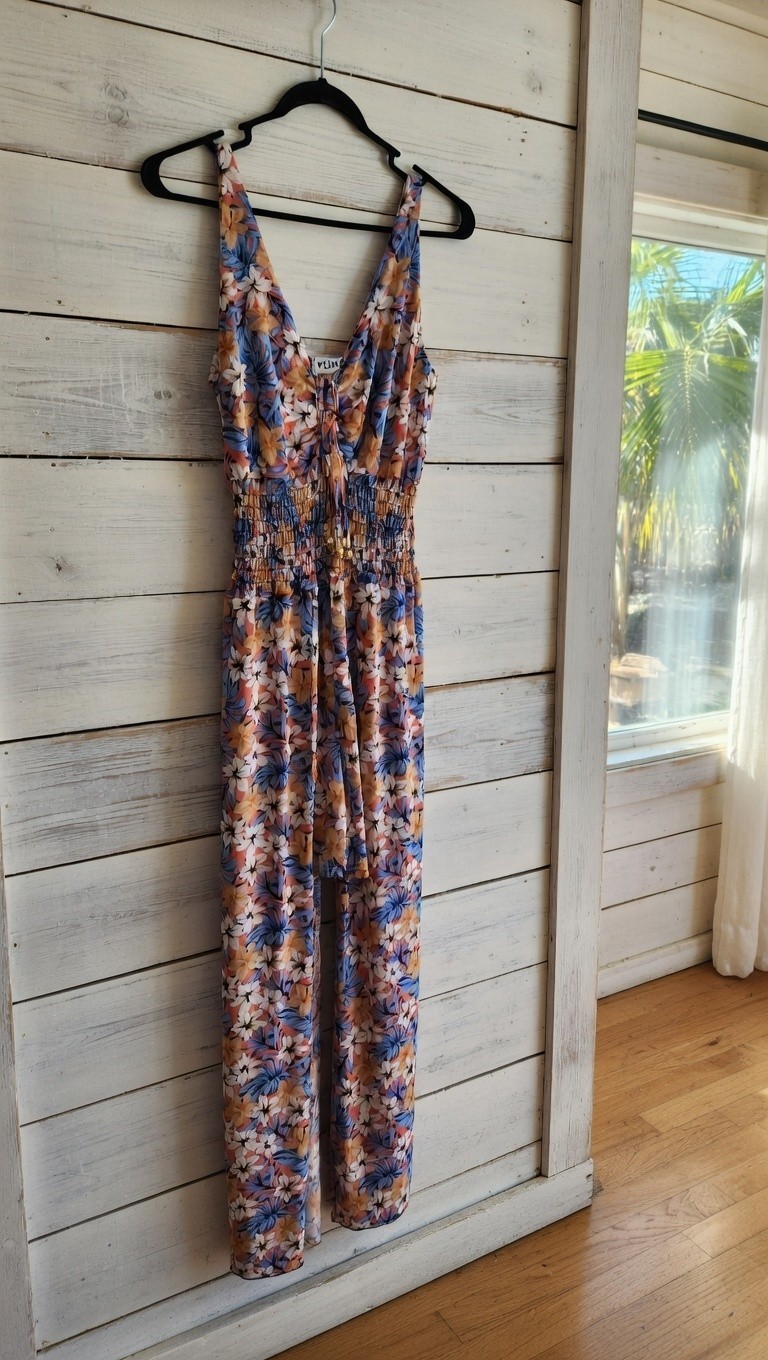 Women’s Floral Sleeveless Wide-Leg, long flowing skirt VNeck Strappy Pullover XL