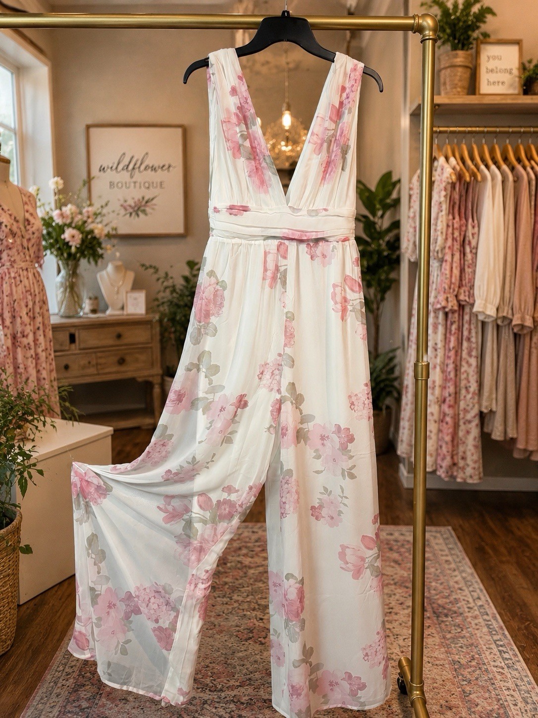 Lulus Floral Jumpsuit Women’s Small White Pink Sleeveless Empire Waist Boho