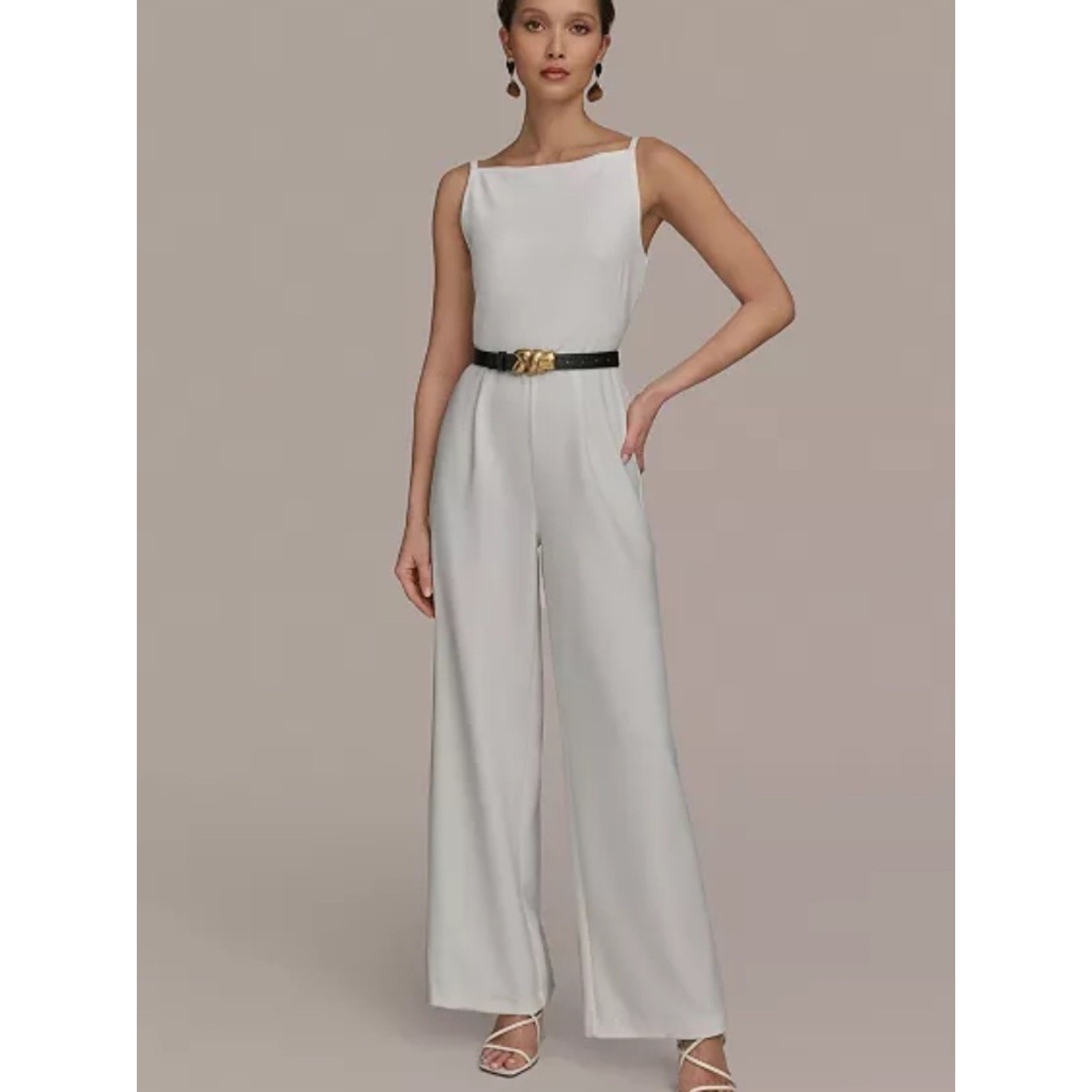 Donna Karan New York Ivory Wide Leg Belted Jumpsuit Size 4 NWT Gold Buckle