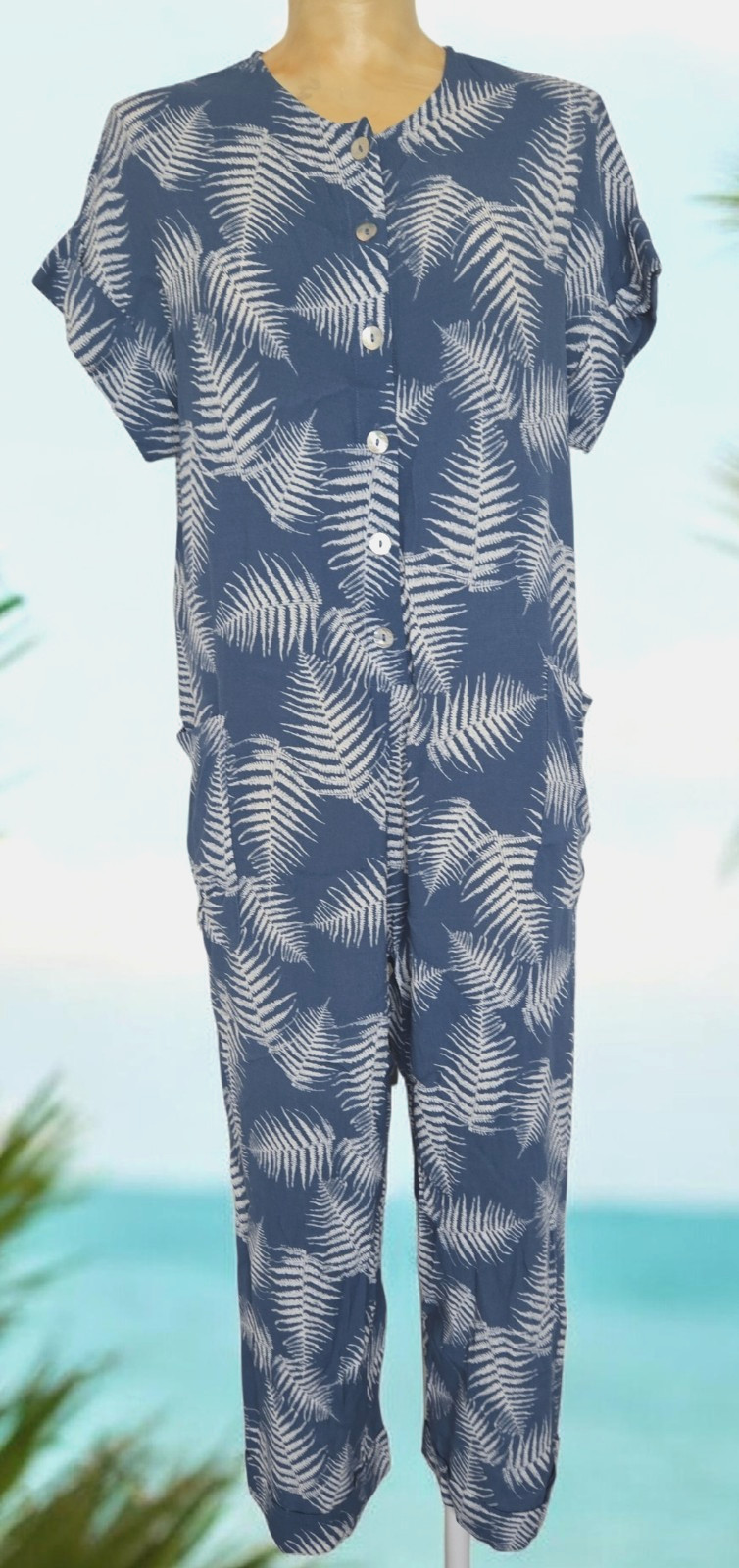 Ava Sky Fighting Eel Short Sleeve Jumpsuit Women Blue Fern Leaf Summer Hawaii XS