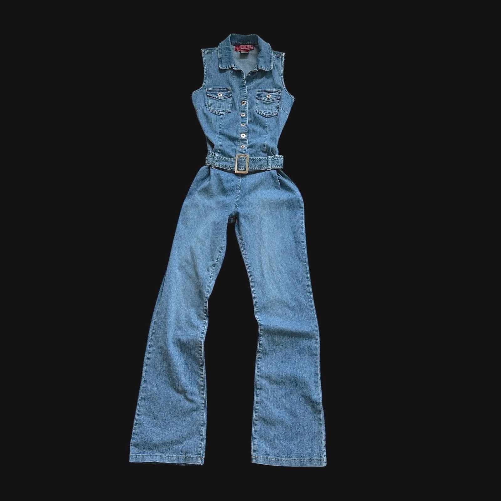 Y2K Hot Kiss Womens Blue Denim Sleeveless Flare Leg Jumpsuit Belted Large