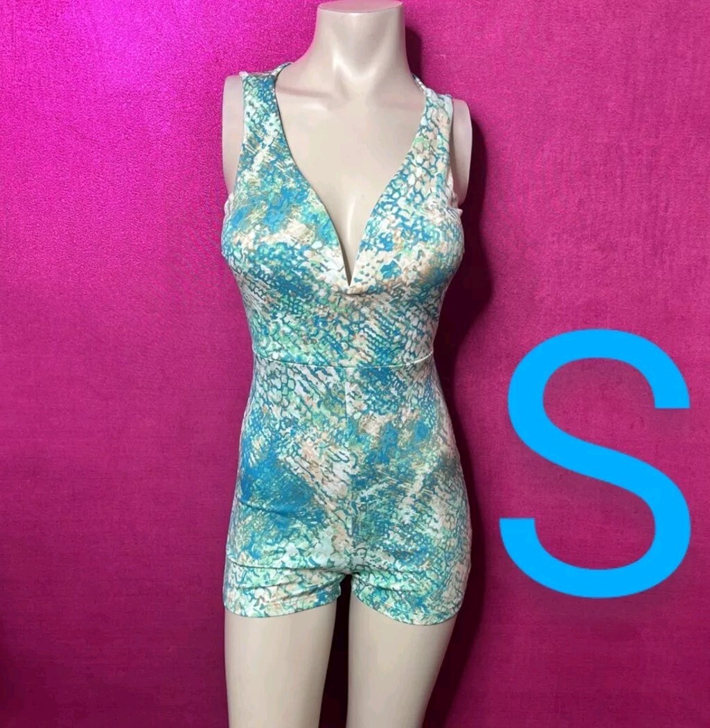 🆕Classy Fashion Teal/Taupe Cream Abstract Print Romper Size S