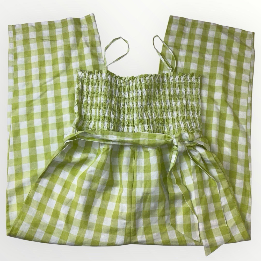 HOUSE OF HARLOW 1960 Linen Blend Smocked Gingham Green White Jumpsuit Size Large