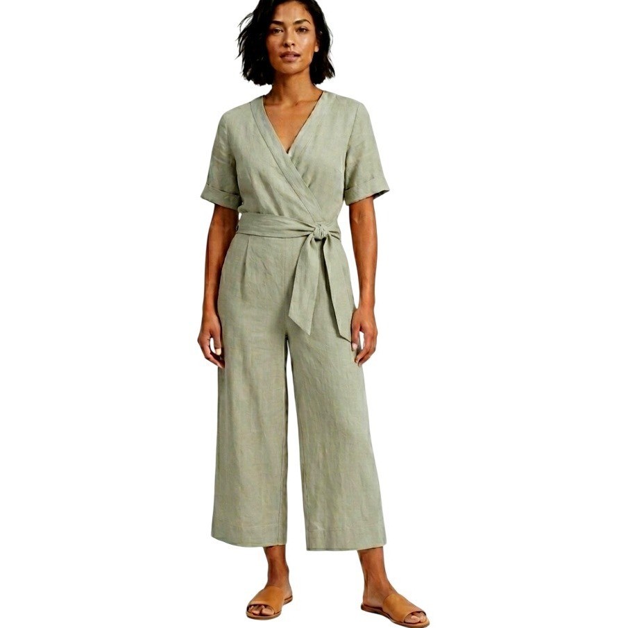 Everlane Jumpsuit Womens 4 Beige Linen Minimalist Sustainable Wrap Wide Leg Tan