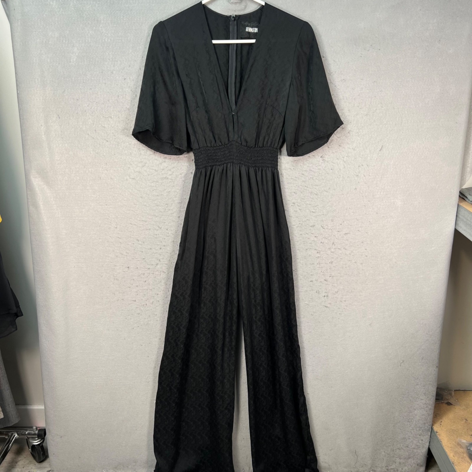 Reformation Womens Size 0 Black Silk Wide-Leg Jumpsuit w/ Smocked Waist