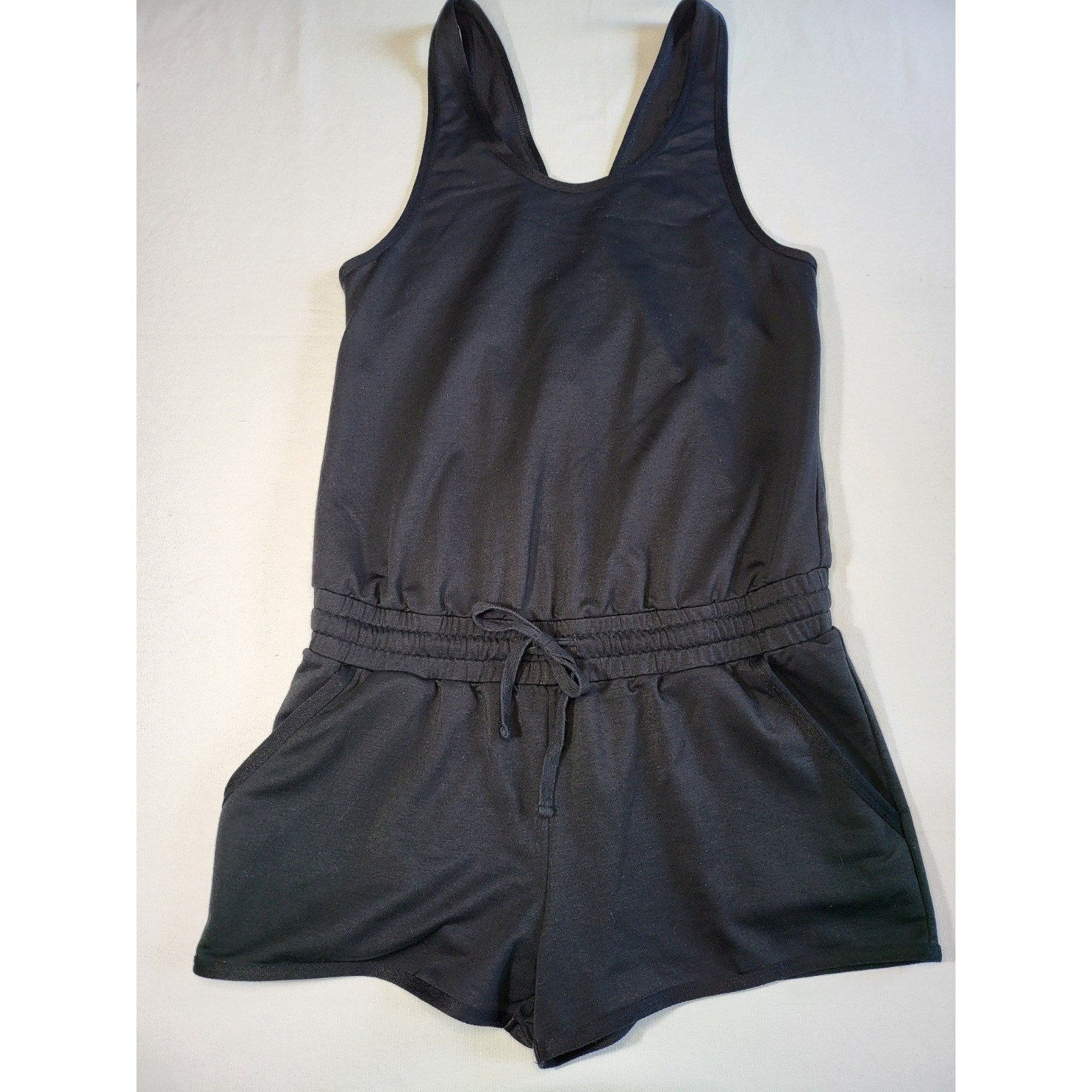 Fabletics Womens Black Sleeveless Romper Size M Drawstring Waist Athletic Lounge