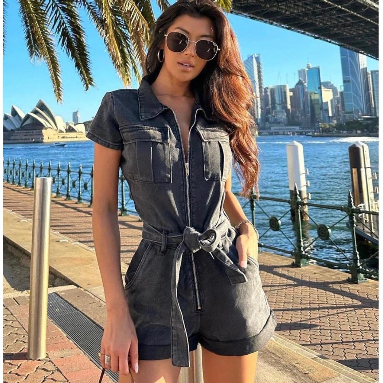White Fox Washed Black Denim Short Sleeve Utility Romper Zip Front Belted XS