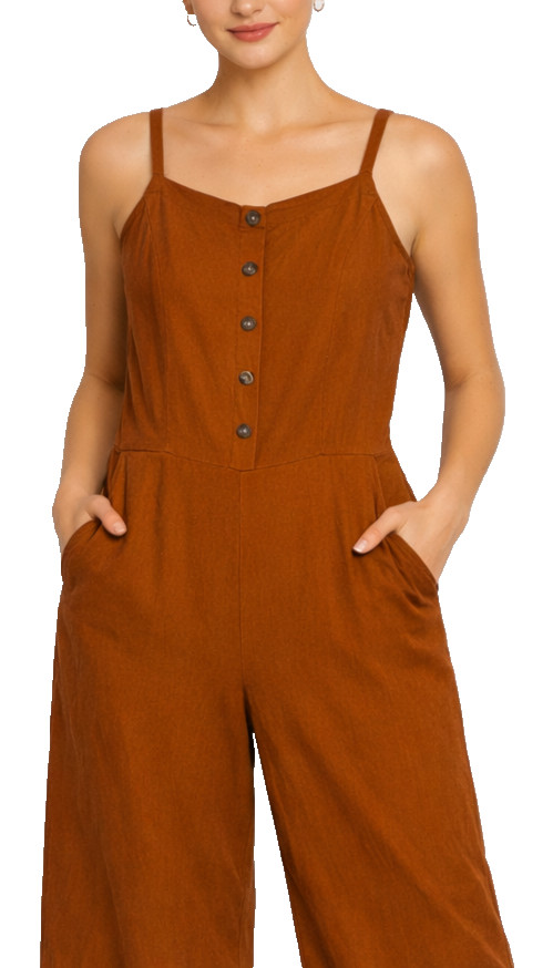 Linen Romper Jumpsuit Cropped Wide Leg Pockets Adjustable Straps Terracotta M