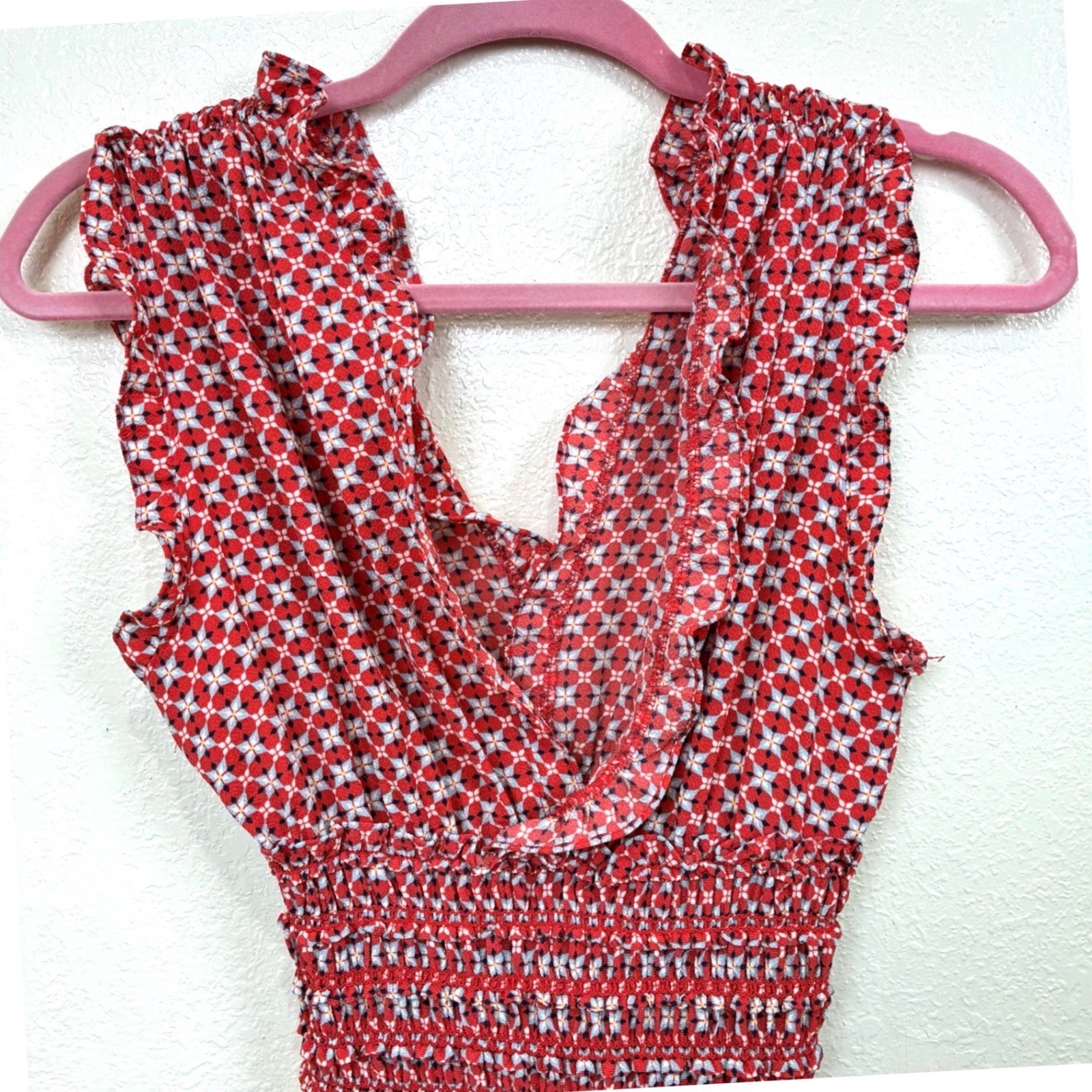 Max Studio Red Geometric Print Smocked Waist Ruffle Jumpsuit 8901C46 Small Boho