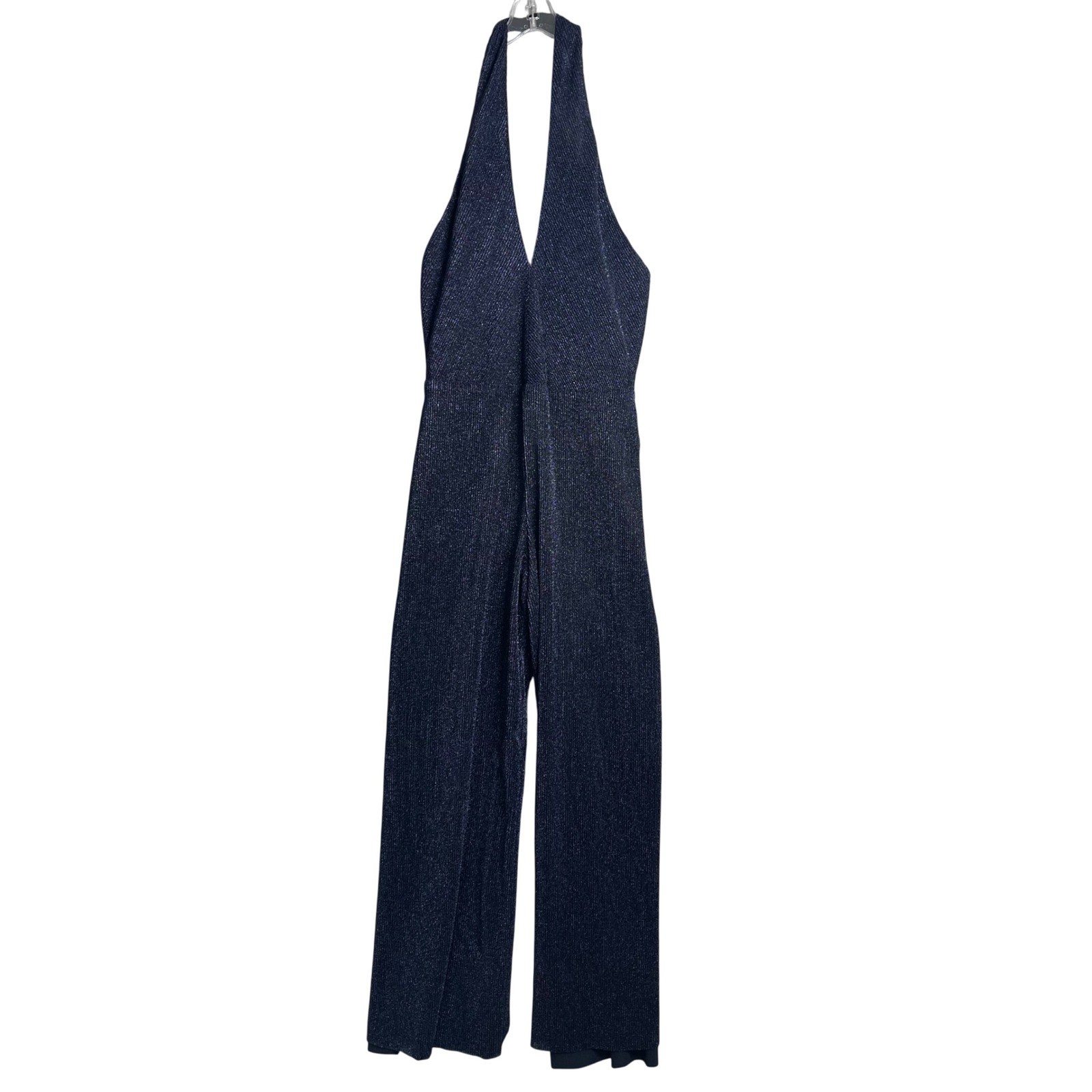Black Halo Halter Jumpsuit Womens 6 Blue Black Metallic Wide Leg Lined Party