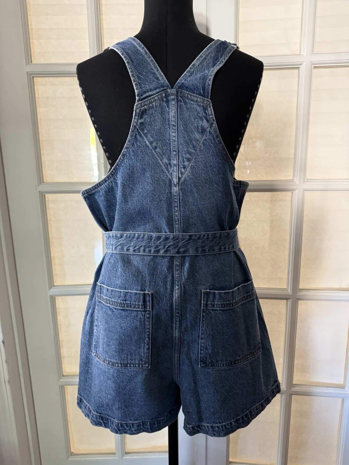 Madewell Blue Denim Romper Tie Waist Pockets Buckle Square Neck Sleeveless M
