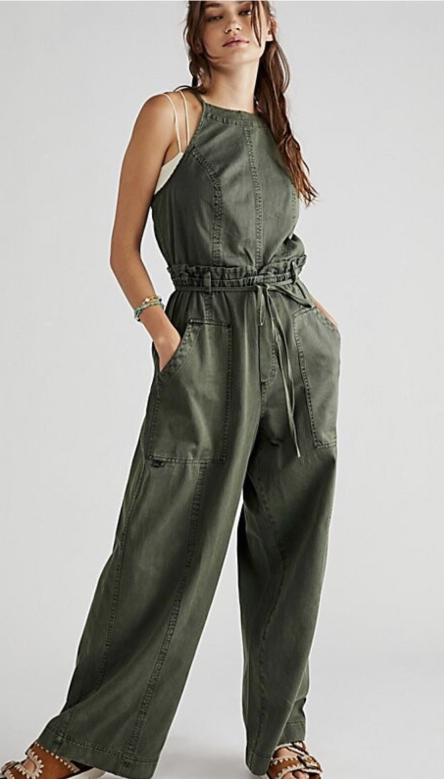 Free People Hearts Run Free One Piece Denim Jumpsuit Waist Tie Army Green XS NWT