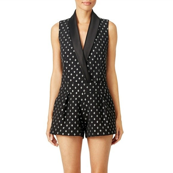 ALEXIS Black Silver Metallic Polka Dot Jacquard Tuxedo Romper Playsuit M = 8/10