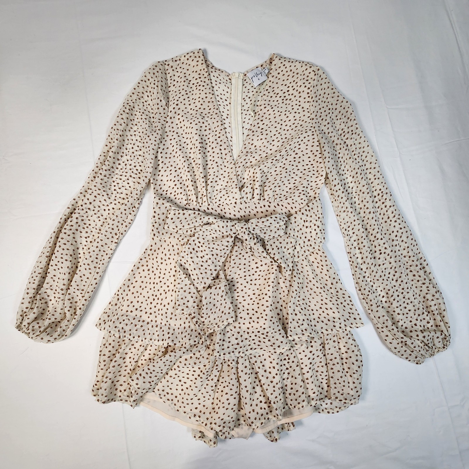 Princess Polly Womens Size 4 String Of Love Romper Beige Polka Dot V-neck Ruffle
