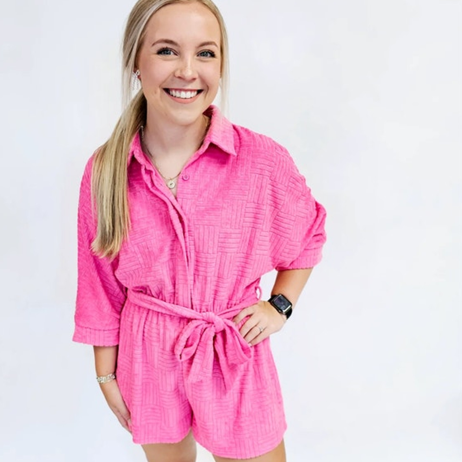 Bibi Textured Terry Shorts Romper in PiNK XL NWT Coverup Beach Minimal Coastal