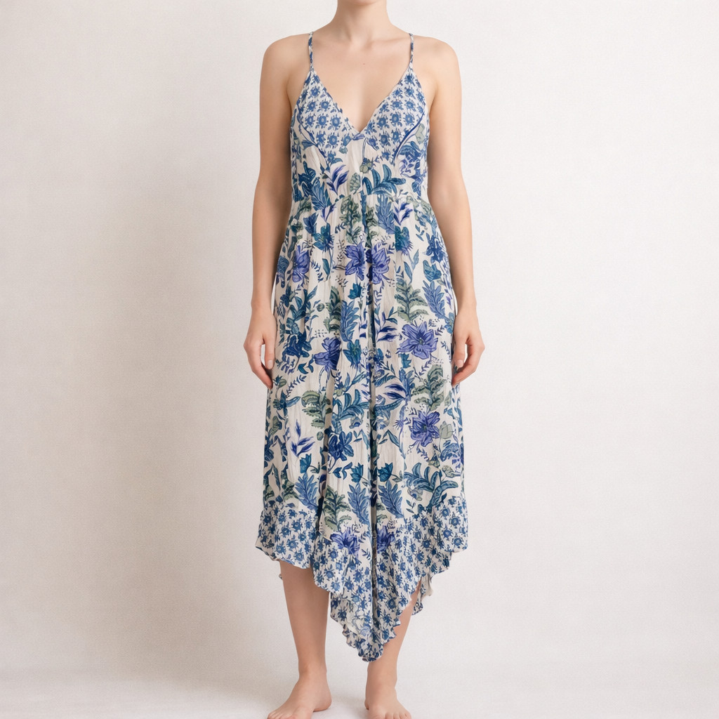 Angie Floral Crinkle Jumpsuit M White Blu Grn Asymmetrical Hem Empire Waist NWOT