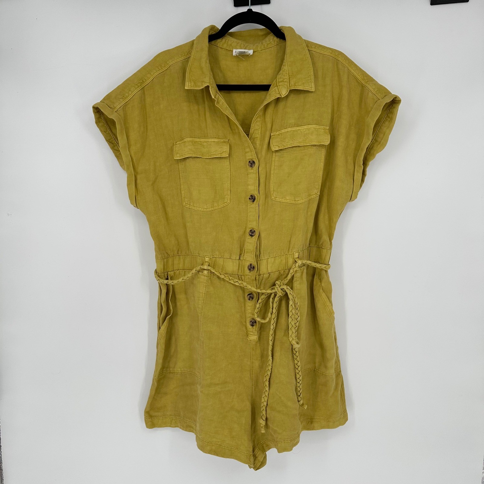 Nicole Miller Linen Blend Utility Belted Mustard Yellow Romper Pockets Boho XL