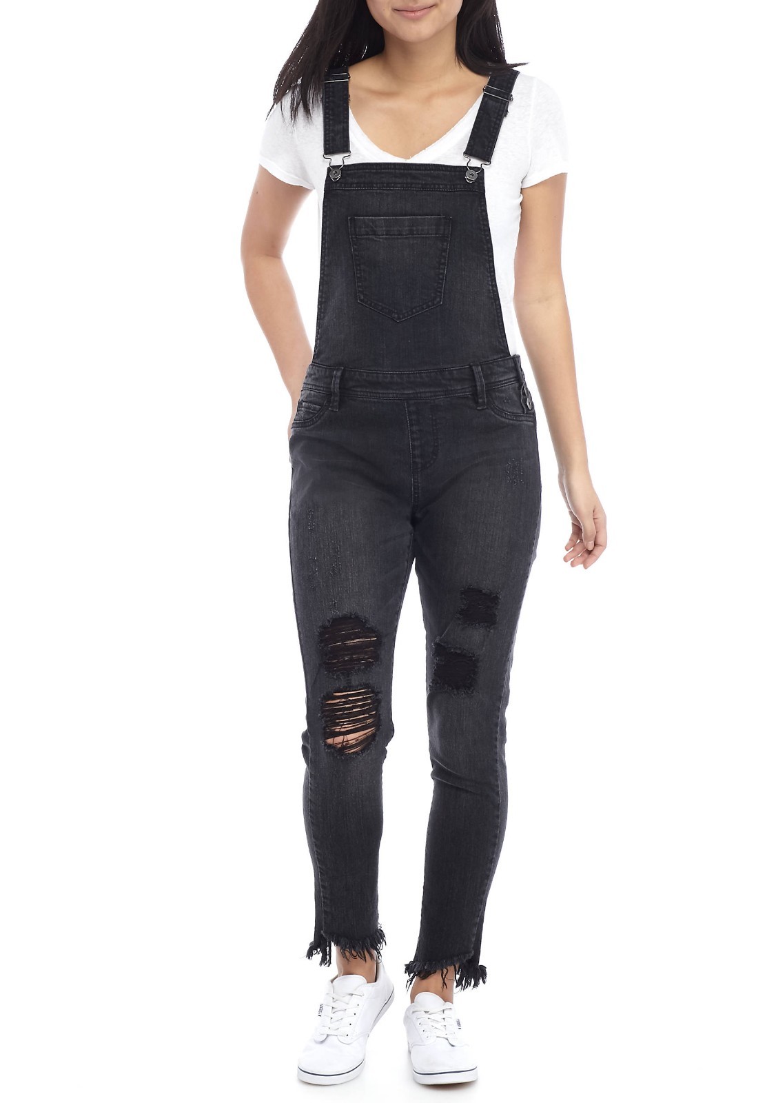 TRUE CRAFT Black Destructed Stretch Denim Skinny Overall w/Frayed Hem