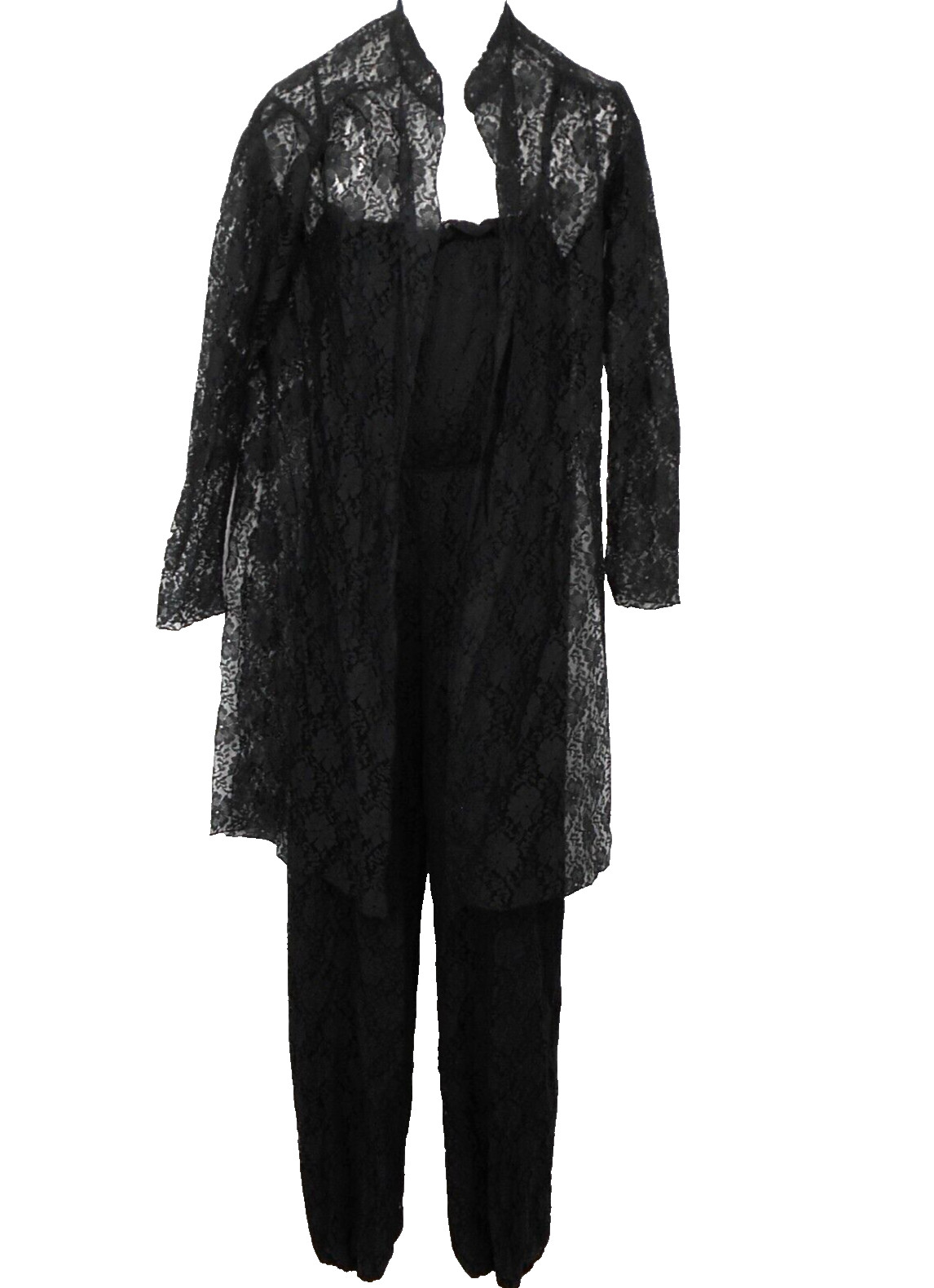 VTG French Boutique Fashion Black lace halter jumpsuit and shear lace jacket
