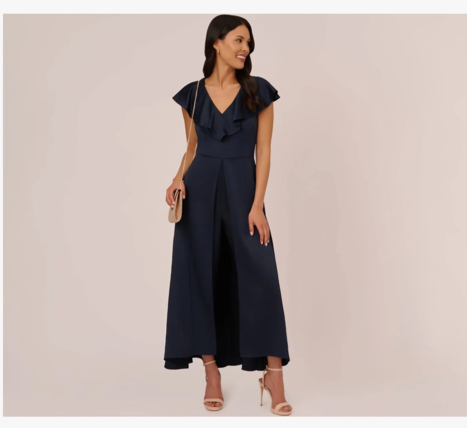 ADRIANNA PAPELL Womens Navy Split Skirt Overlay Flutter Sleeve Capri Jumpsuit 2