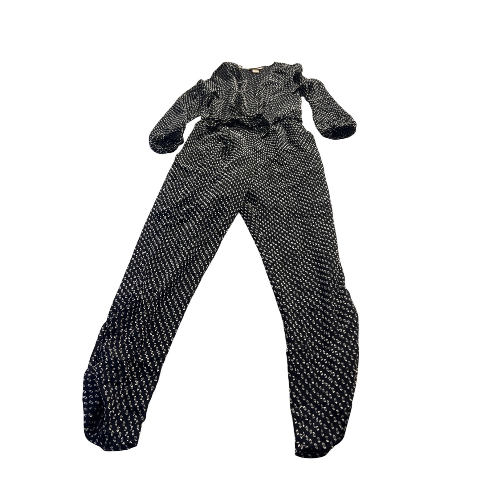 HM Black White Diamond Print Long Sleeve Jumpsuit V-Neck Tie Waist Size 6