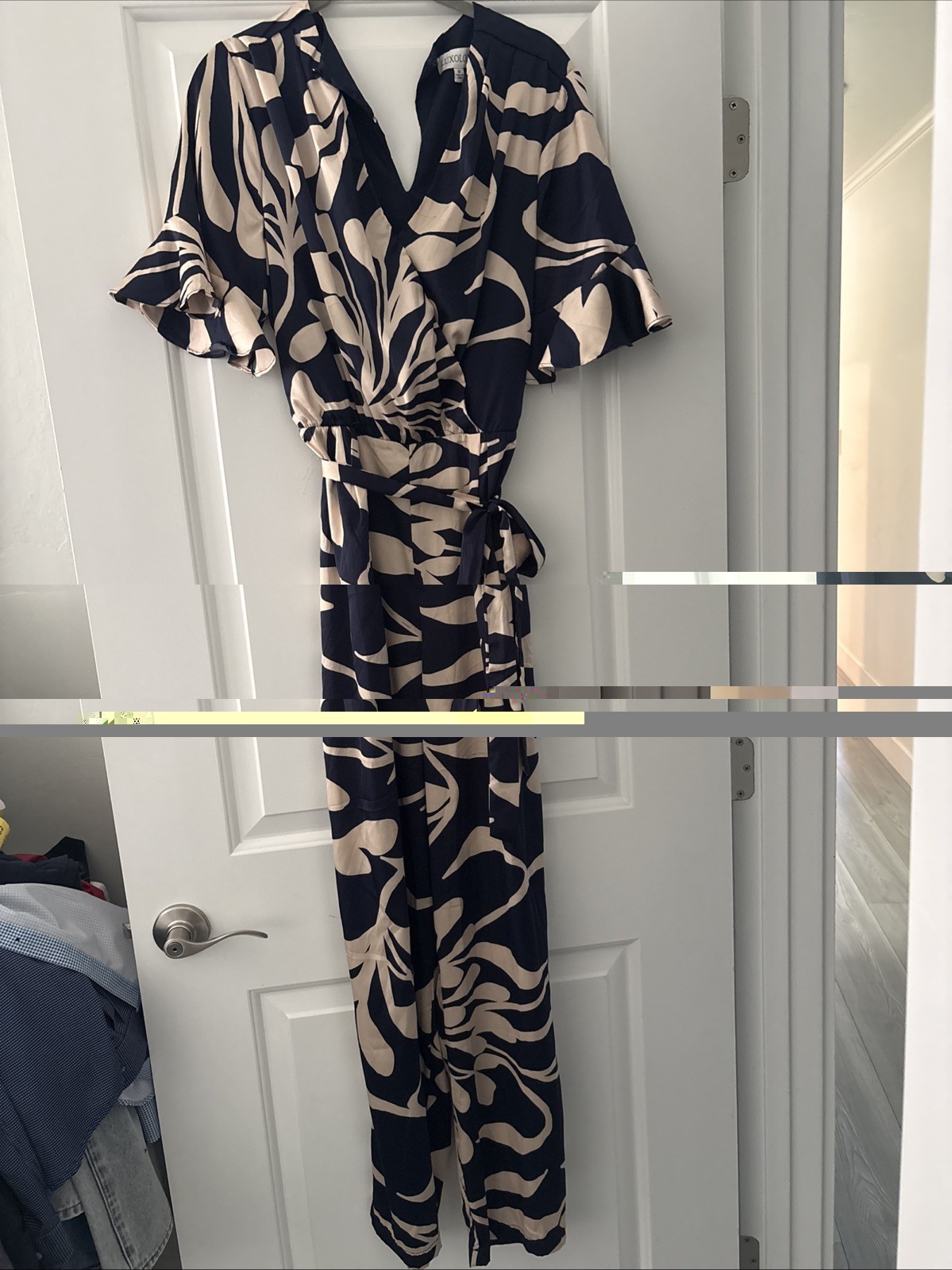 Luxology Navy/White Short Sleeve Abstract Print Jumpsuit w/Tie & Pockets Size M