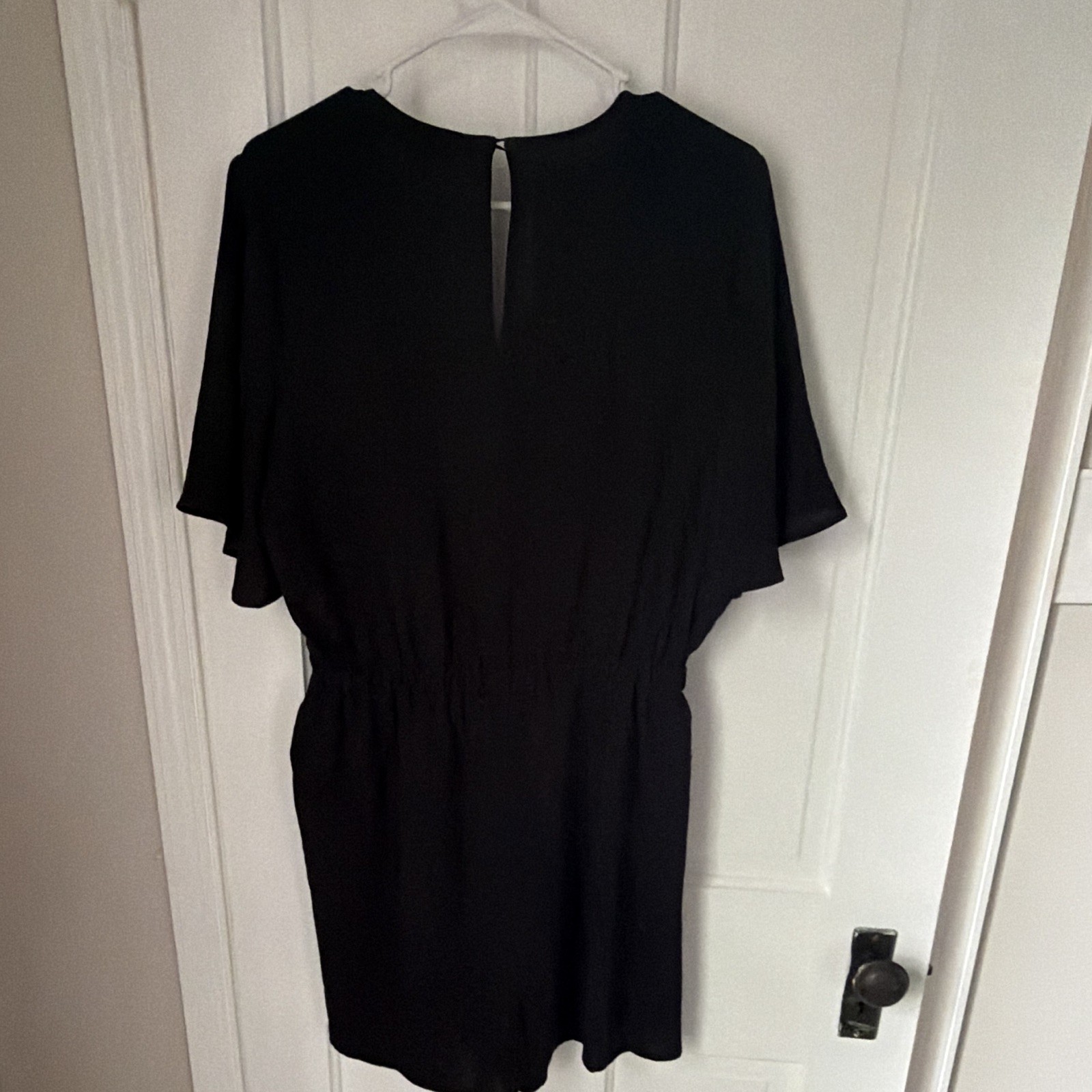 Emma & Michele Black Solid Chiffon Romper L Ruffle Flutter Sleeve Elastic Waist