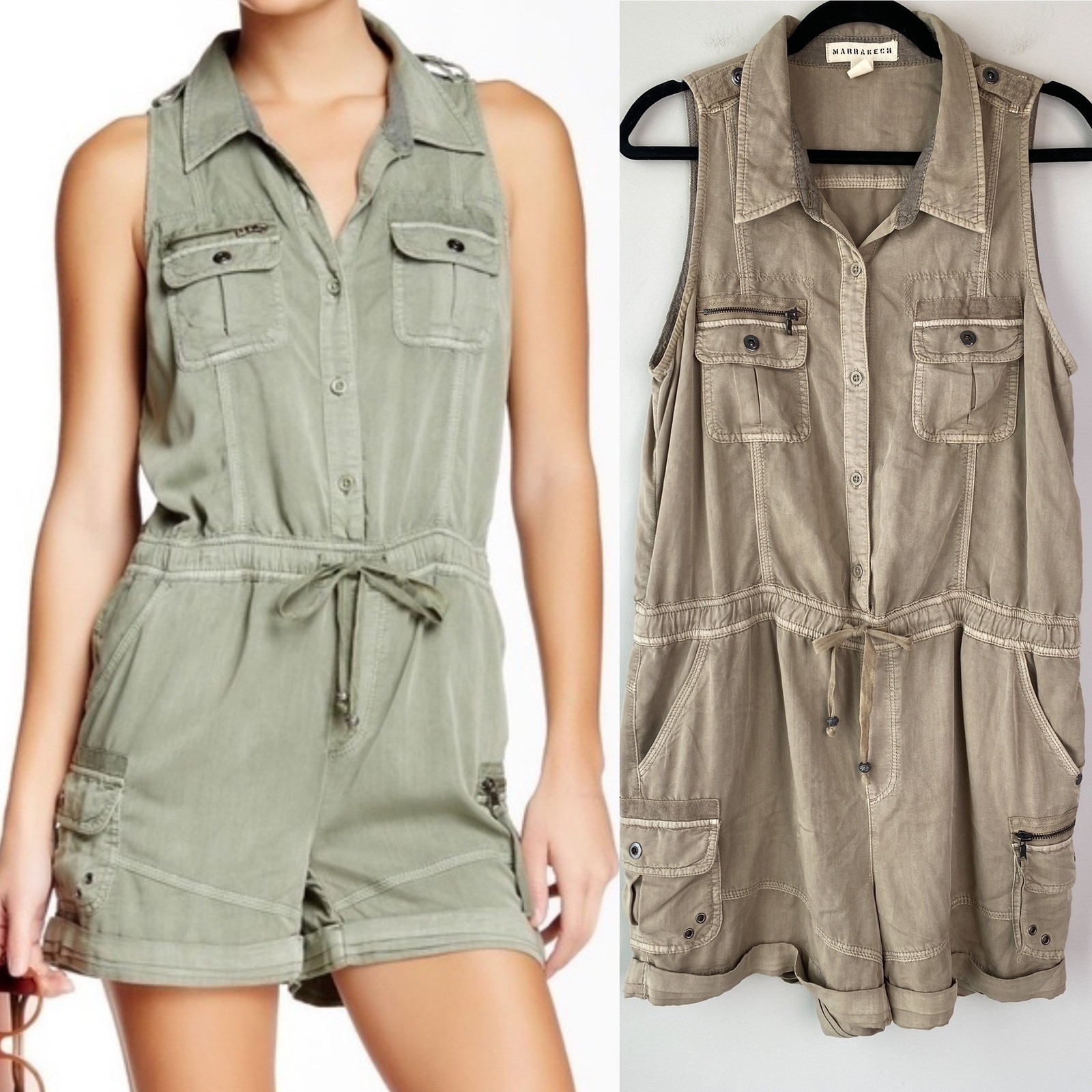 Anthropologie Marrakech Gigi Utility Romper L Khaki Tan Cargo Safari Santorini